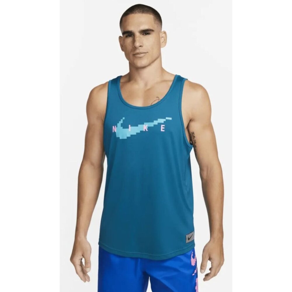 Nike SWIM RI-FIT Digi Logo Tank Top Shirt Blue NESSD668‎ Men's Large New w Tag